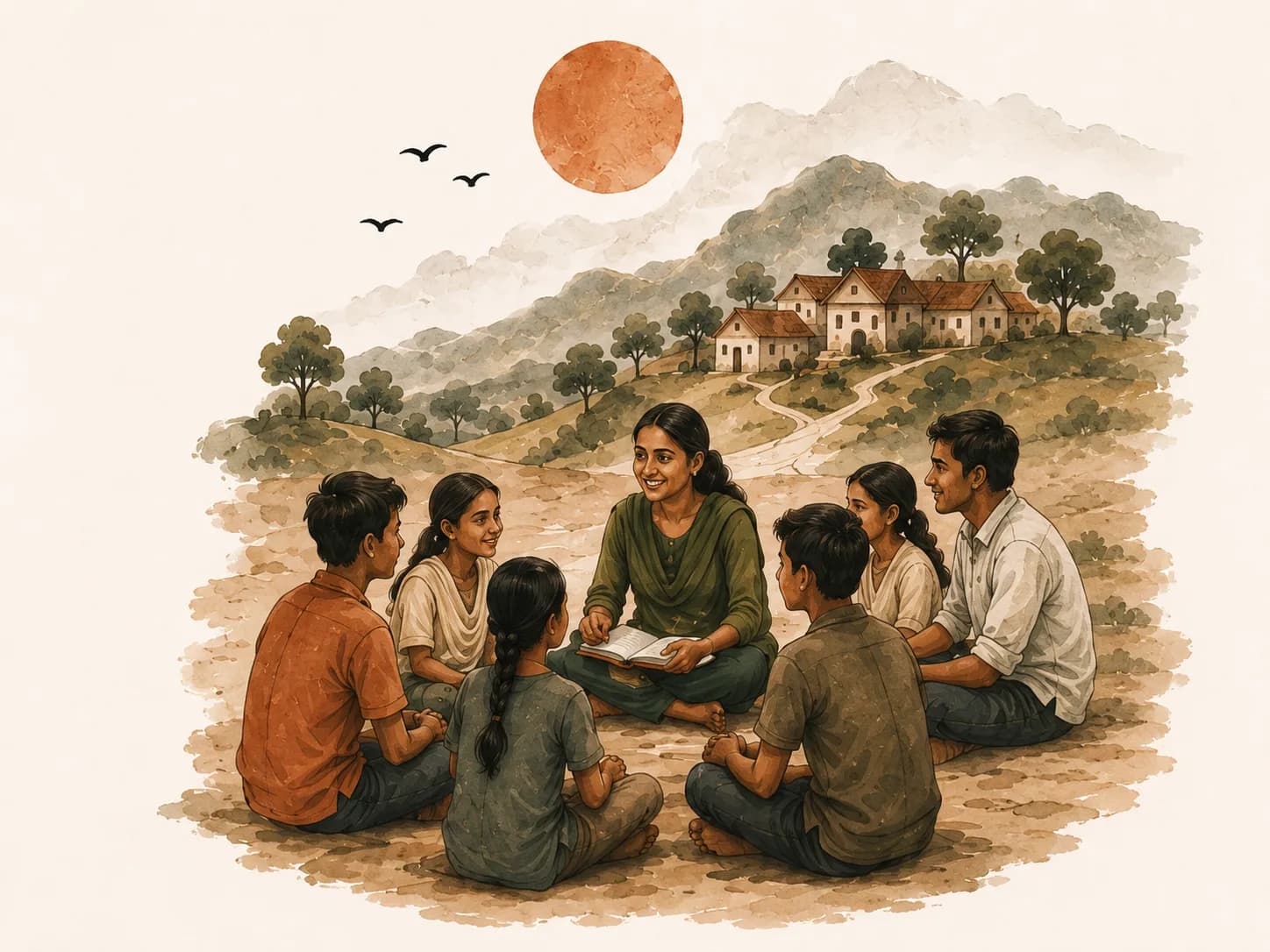 Teacher and community gathered outdoors